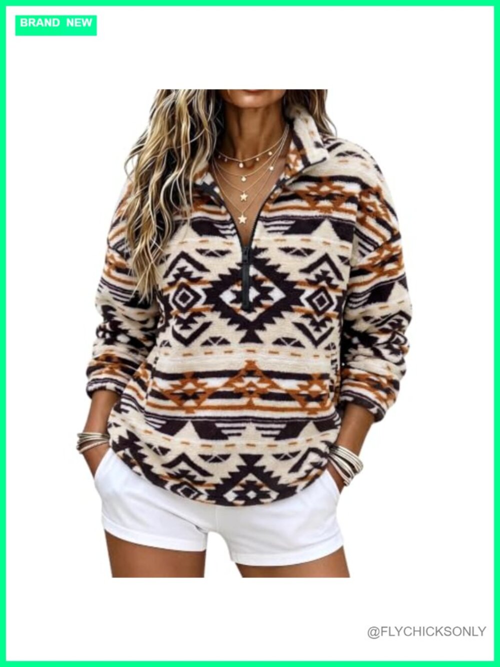 Women's Aztec Print Half Zip Fleece Pullover Sweatshirt Warm Western Top
